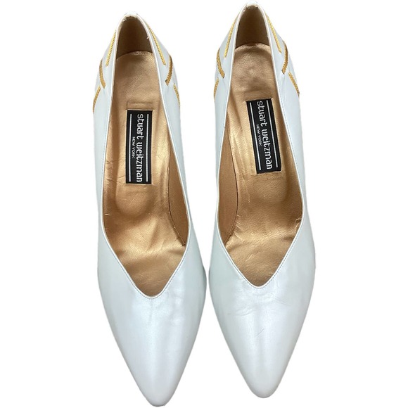 Stuart Weitzman Gold and White Leather Pumps, 8W - Picture 3 of 8